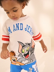 Ecru/Blue Tom and Jerry Short Sleeve Back Print 100% Cotton T-Shirt and Shorts Set (3mths-8yrs) - Image 3 of 4