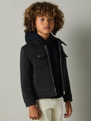 Reiss Dark Indigo Melange Peridoe Wool-Blend Melton Trucker Jacket - Image 1 of 4