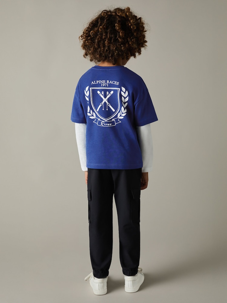 Reiss Bright Blue Alsom Cotton-Jersey Alpine Races-Print T-Shirt - Image 1 of 4