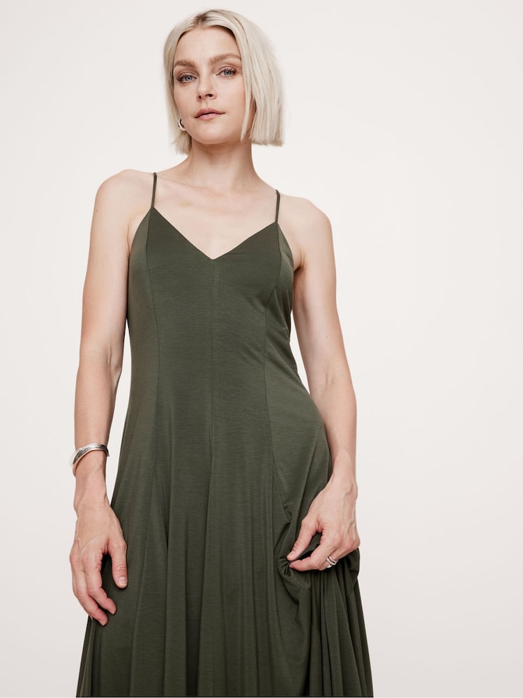 Banana Republic Khaki Green Drapey Jersey Godet Maxi Dress - Image 1 of 4