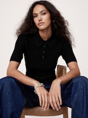 Banana Republic Black Cece Sculpted Cropped Polo Top - Image 1 of 1