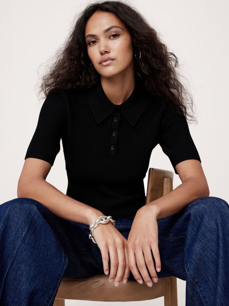 Banana Republic Black Cece Sculpted Cropped Polo Top - Image 1 of 1