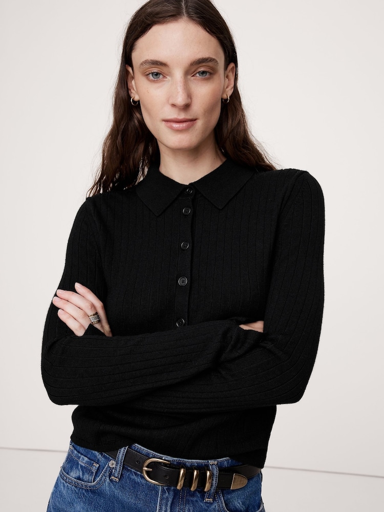 Banana Republic Black Merino Wool Ribbed Polo Jumper - Image 1 of 1