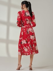 Jolie Moi Red Floral Wrap Front Mesh Dress - Image 2 of 6