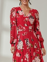 Jolie Moi Red Floral Wrap Front Mesh Dress - Image 3 of 6