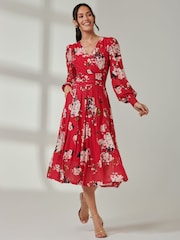 Jolie Moi Red Floral Wrap Front Mesh Dress - Image 4 of 6