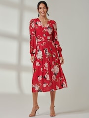 Jolie Moi Red Floral Wrap Front Mesh Dress - Image 6 of 6