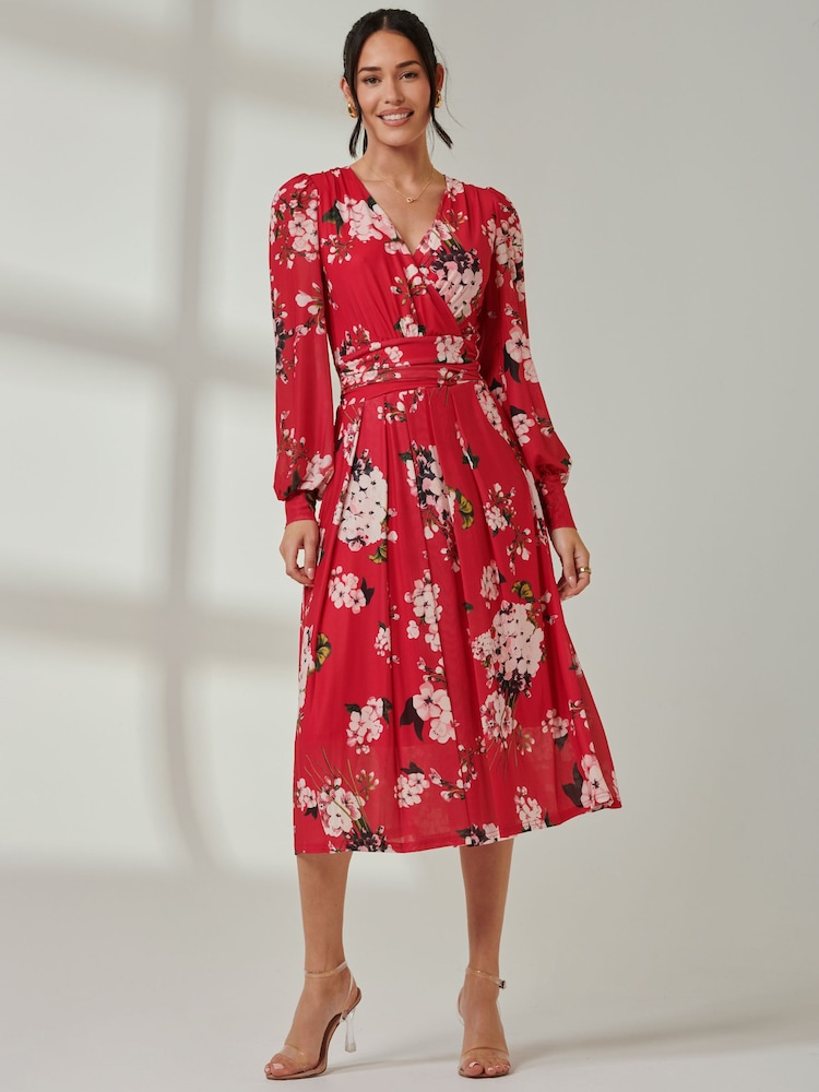 Jolie Moi Red Floral Wrap Front Mesh Dress - Image 6 of 6