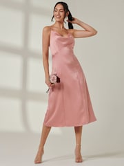 Jolie Moi Pink Satin Cowl Neck Midi Dress - Image 1 of 6