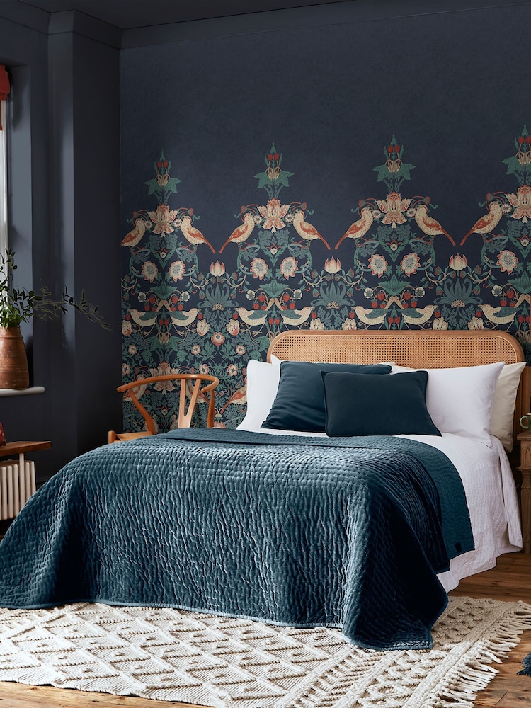 William Morris At Home Navy Strawberry Thief Fixed Size 4M Mural - Image 1 of 5