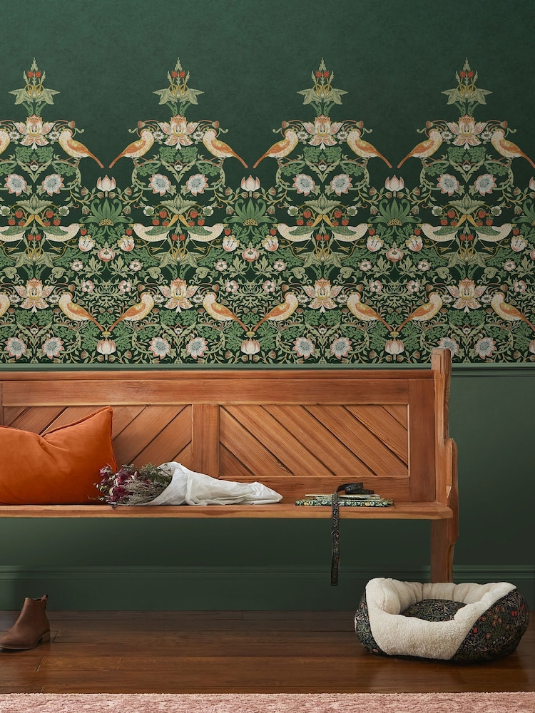 William Morris At Home Green Strawberry Thief Fixed Size 4M Mural - Image 1 of 5
