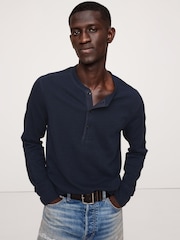 Banana Republic Navy/Blue Slub Double-Knit Henley Long Sleeve T-Shirt - Image 1 of 1