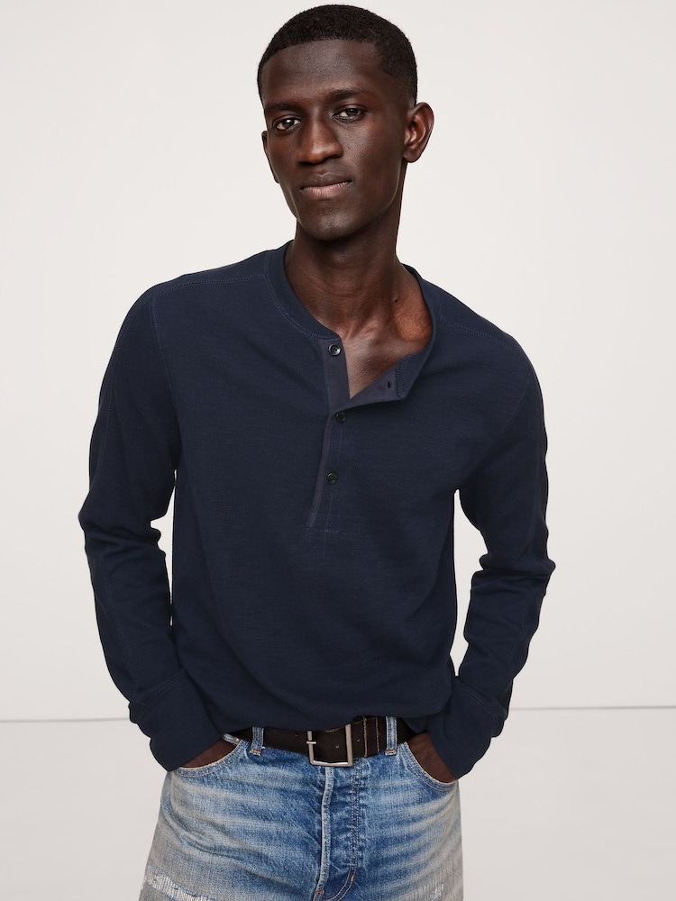 Banana Republic Navy/Blue Slub Double-Knit Henley Long Sleeve T-Shirt - Image 1 of 1