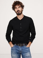 Banana Republic Black Slub Double-Knit Henley Long Sleeve T-Shirt - Image 1 of 1