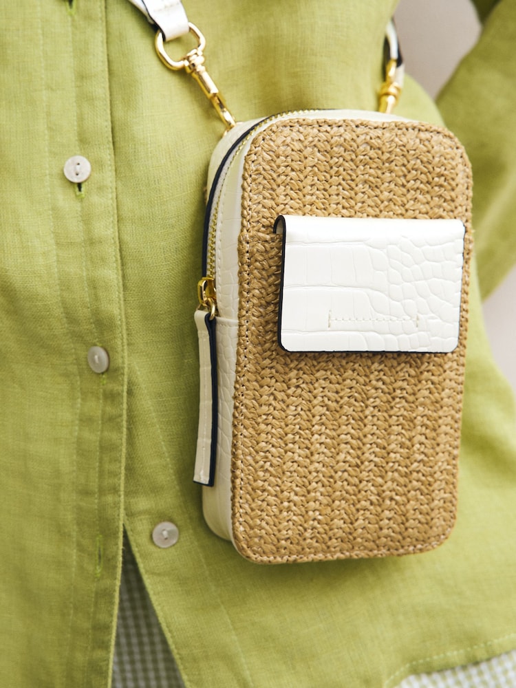 Natural Raffia Effect Cross-Body Phone Bag - Image 2 of 8 Natural Raffia Effect Cross-Body Phone Bag - Image 2 of 8