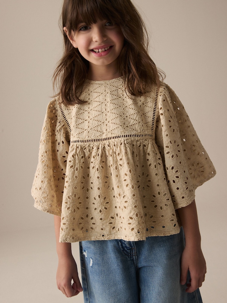 Coffee 100% Cotton Broderie Blouse (3-16yrs) - Image 1 of 8