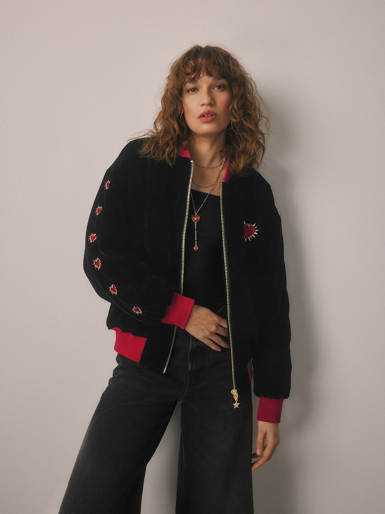Rockett St George Black Velvet Embroidered Bomber Jacket - Image 2 of 8