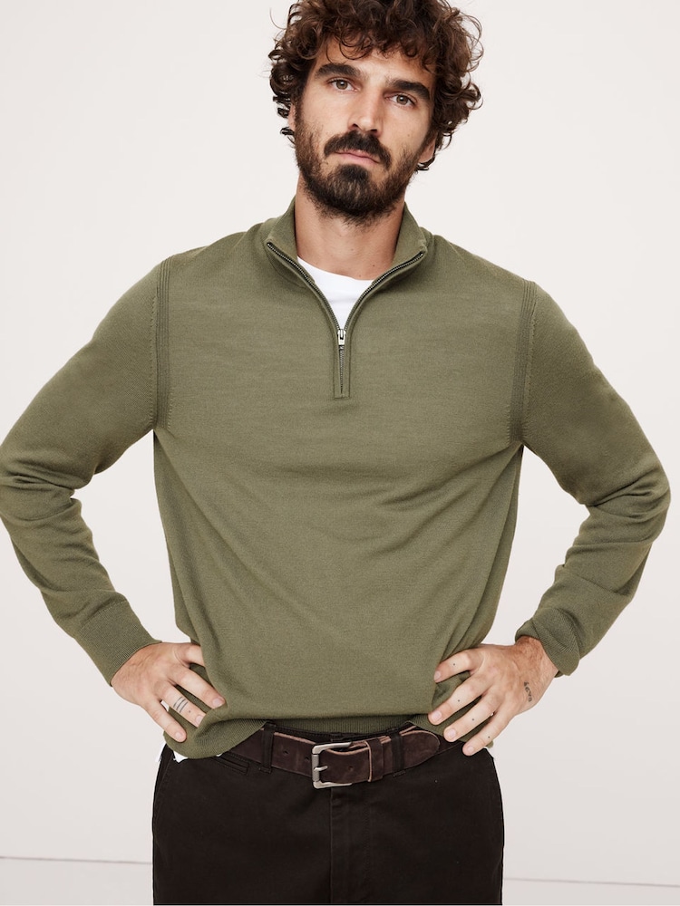 Banana Republic Khaki Green Merino Wool Italian Half-Zip Jumper - Image 1 of 1 Banana Republic Khaki Green Merino Wool Italian Half-Zip Jumper - Image 1 of 1