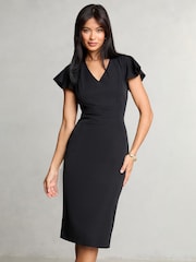 Lipsy Black V Neck Smart Flutter Sleeve Midi Dress - Image 1 of 4