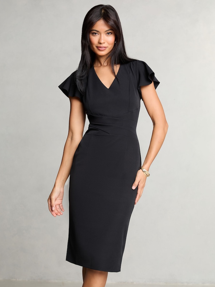 Lipsy Black V Neck Smart Flutter Sleeve Midi Dress - Image 1 of 4