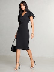 Lipsy Black V Neck Smart Flutter Sleeve Midi Dress - Image 3 of 4