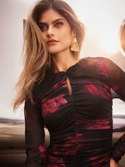 Lipsy Red Long Sleeve Floral Ruched Mesh Dress - Image 2 of 4