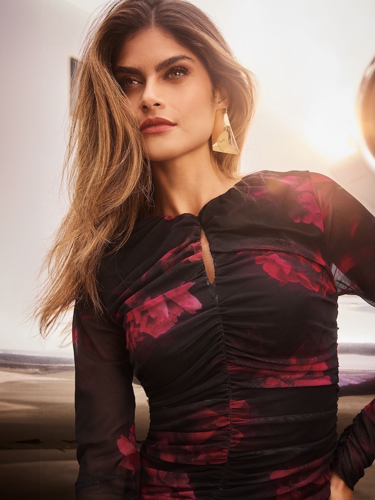 Lipsy Red Long Sleeve Floral Ruched Mesh Dress - Image 2 of 4