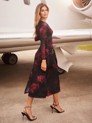 Lipsy Red Long Sleeve Floral Ruched Mesh Dress - Image 3 of 4