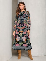 Floral noir - Lipsy Imprimé tissé Manches longues Underbust Mi-long Robe - Image 1 of 4