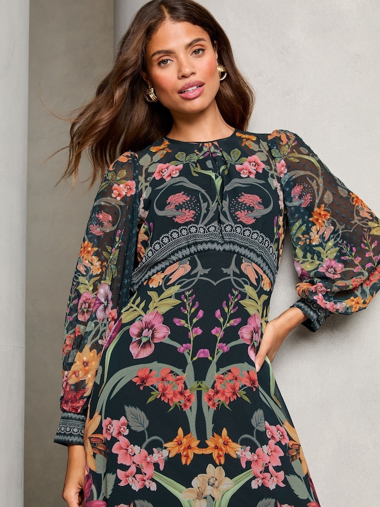 Floral noir - Lipsy Imprimé tissé Manches longues Underbust Mi-long Robe - Image 2 of 4