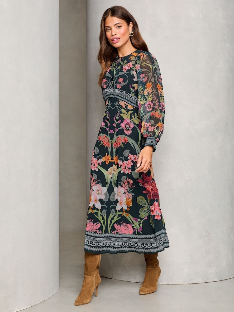 Floral noir - Lipsy Imprimé tissé Manches longues Underbust Mi-long Robe - Image 4 of 4