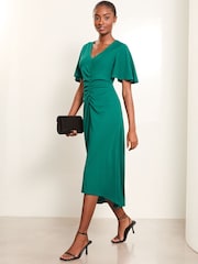 Lipsy Green Short Sleeve V Neck Ruched Fit And Flare Midi Dress - Image 1 of 4