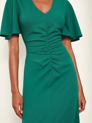 Lipsy Green Short Sleeve V Neck Ruched Fit And Flare Midi Dress - Image 2 of 4