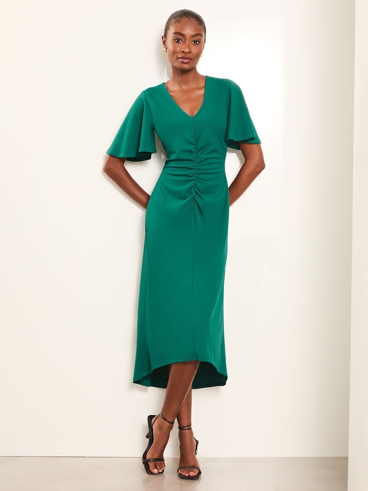 Lipsy Green Short Sleeve V Neck Ruched Fit And Flare Midi Dress - Image 3 of 4
