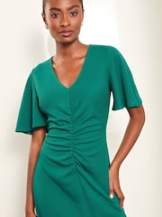 Lipsy Green Short Sleeve V Neck Ruched Fit And Flare Midi Dress - Image 4 of 4