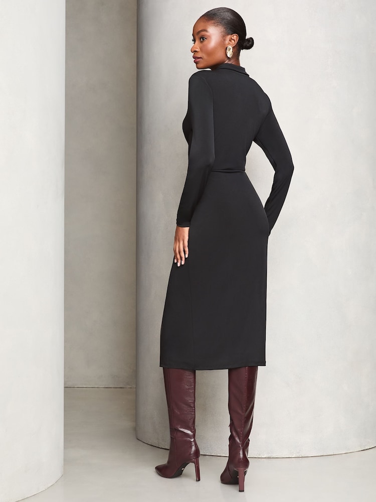 Lipsy Black Jersey Long Sleeve Knot Front Shirt Dress - Image 4 of 4