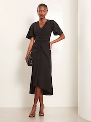 Lipsy Black Short Sleeve V Neck Ruched Fit And Flare Midi Dress - Image 1 of 4