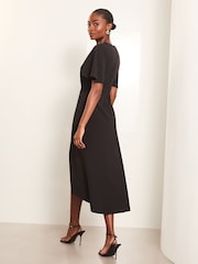 Lipsy Black Short Sleeve V Neck Ruched Fit And Flare Midi Dress - Image 2 of 4