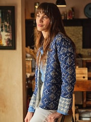 FatFace Kaia Indigo Blue 100% Cotton Tile Geo Quilted Jacket - Image 1 of 12