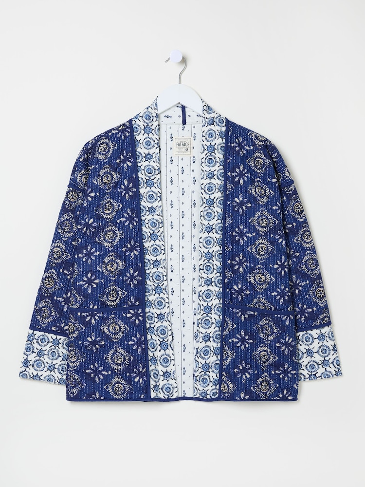 FatFace Kaia Indigo Blue 100% Cotton Tile Geo Quilted Jacket - Image 12 of 12