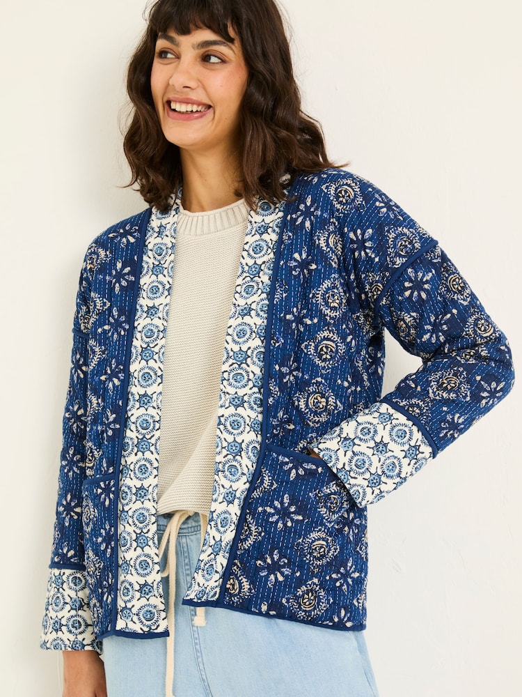 FatFace Kaia Indigo Blue 100% Cotton Tile Geo Quilted Jacket - Image 2 of 12