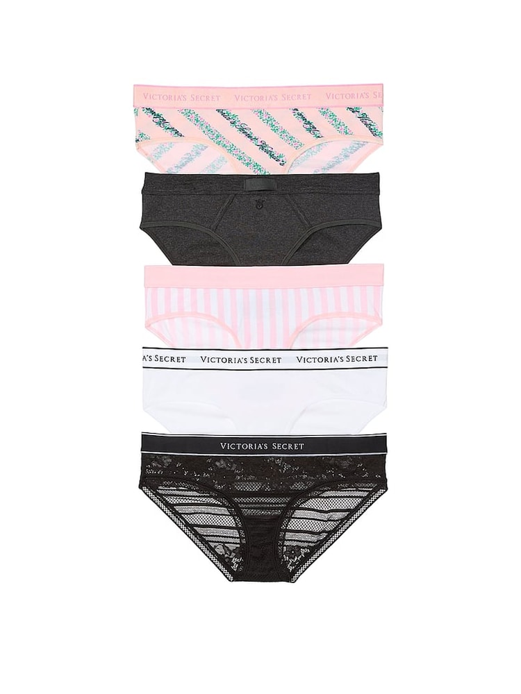 Victoria's Secret Pink/Grey/White/Black Hipster Logo 5 Pack Knickers - Image 1 of 3