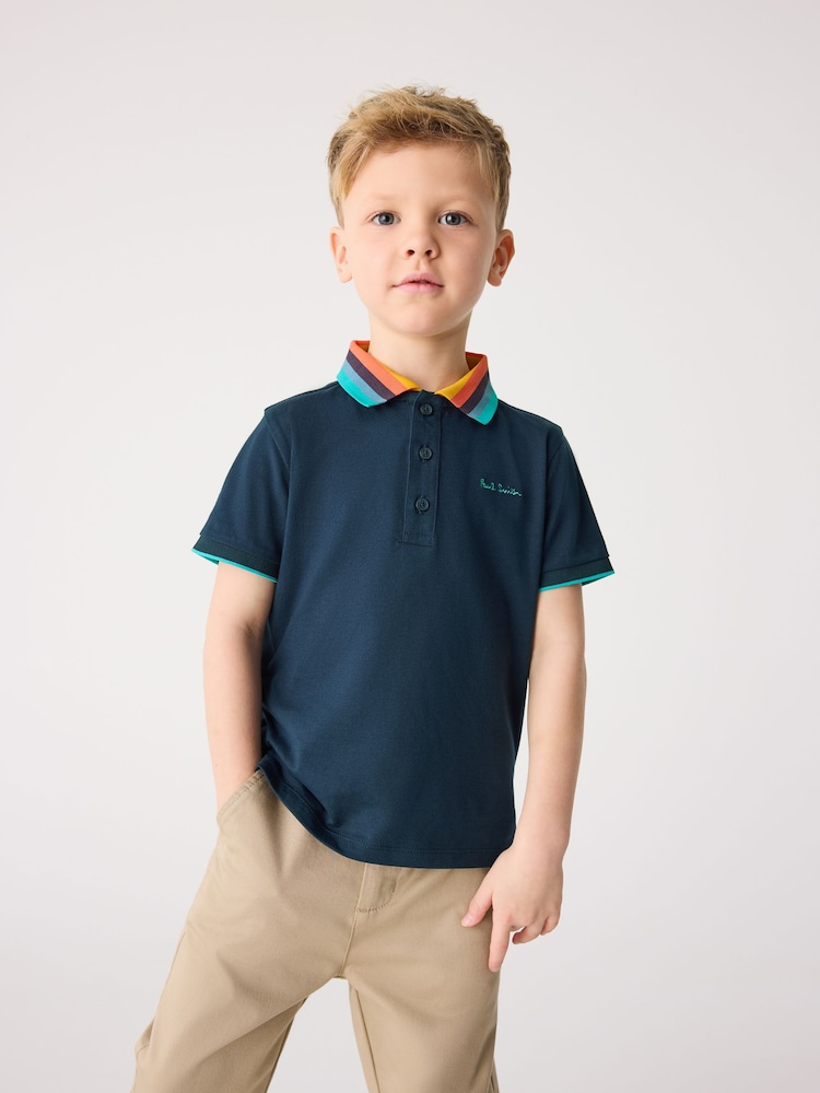 Paul Smith Junior Boys Navy Short Sleeve Artist Stripe Collar 100% Cotton Polo Shirt - Image 1 of 9