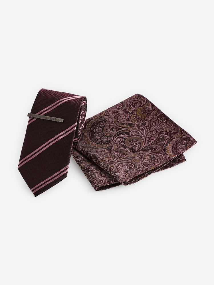 Grape Pink Stripe/Paisley Slim Tie And Pocket Square Set - Image 1 of 3