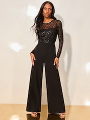 Lipsy Black Long Sleeve Cross Front Sequin Jumpsuit - Image 1 of 4
