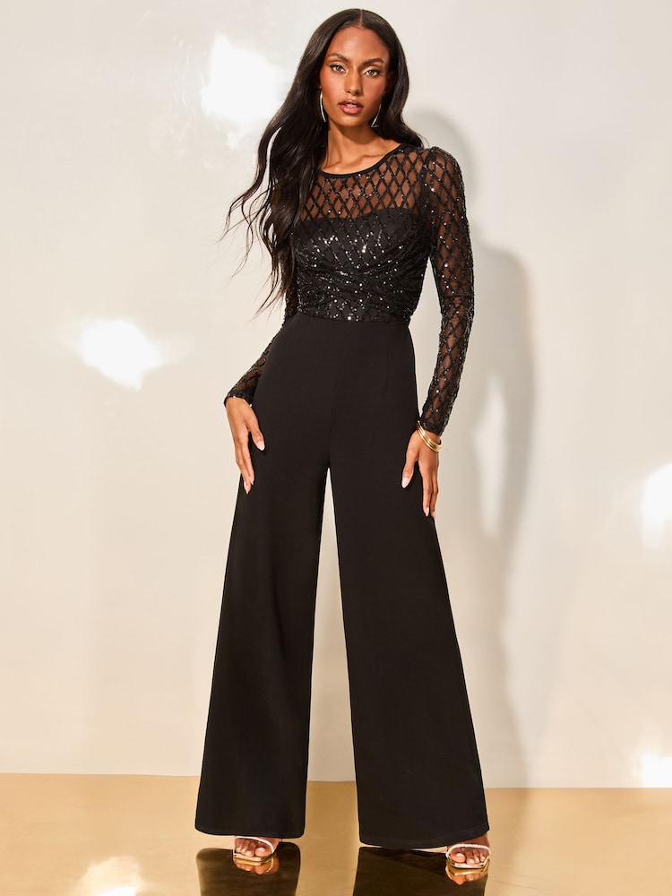 Lipsy Black Long Sleeve Cross Front Sequin Jumpsuit - Image 1 of 4