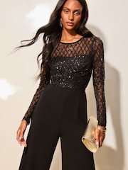 Lipsy Black Long Sleeve Cross Front Sequin Jumpsuit - Image 3 of 4