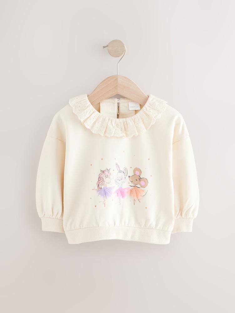Cream Tutu Character Crew Sweat 100% Cotton Top with Frill Nack - Image 1 of 4