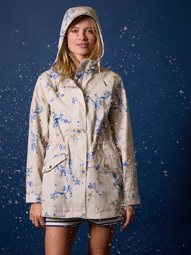 Beige & Blue Floral - Joules Portwell Waterproof Raincoat With Hood - Image 2 of 11 Beige & Blue Floral - Joules Portwell Waterproof Raincoat With Hood - Image 2 of 11