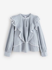 Blue Long Sleeves Ticking Stripe 100% Cotton Blouse - Image 1 of 3
